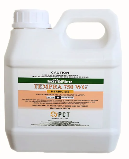 Container of Tempra 750 WG herbicide with label on a white background